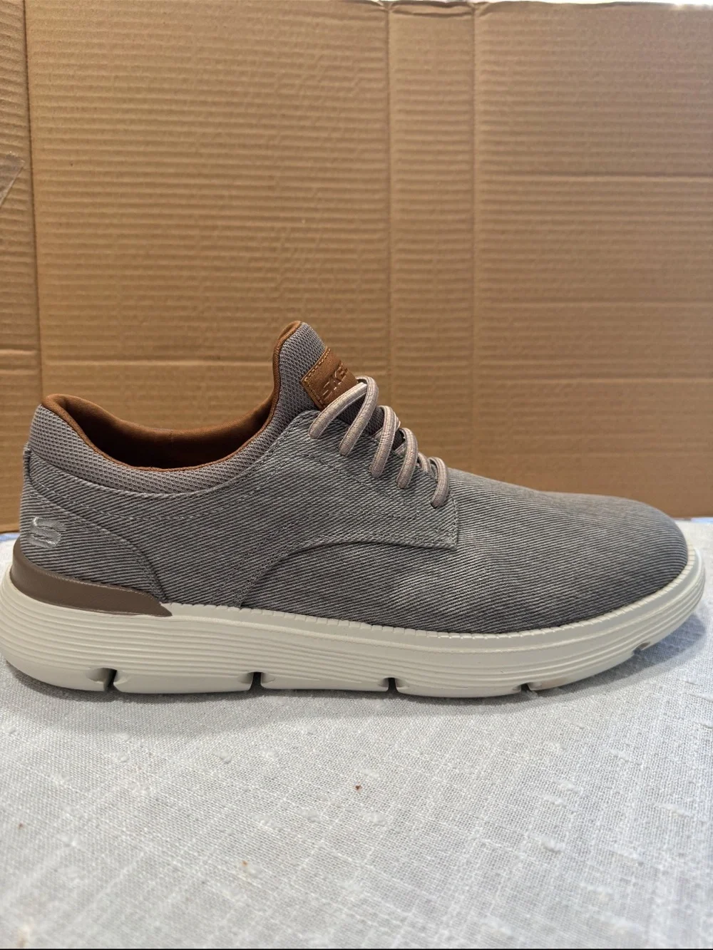 Skechers Men’s Gray Canvas Slip-On Style Sneakers with Tan Accents